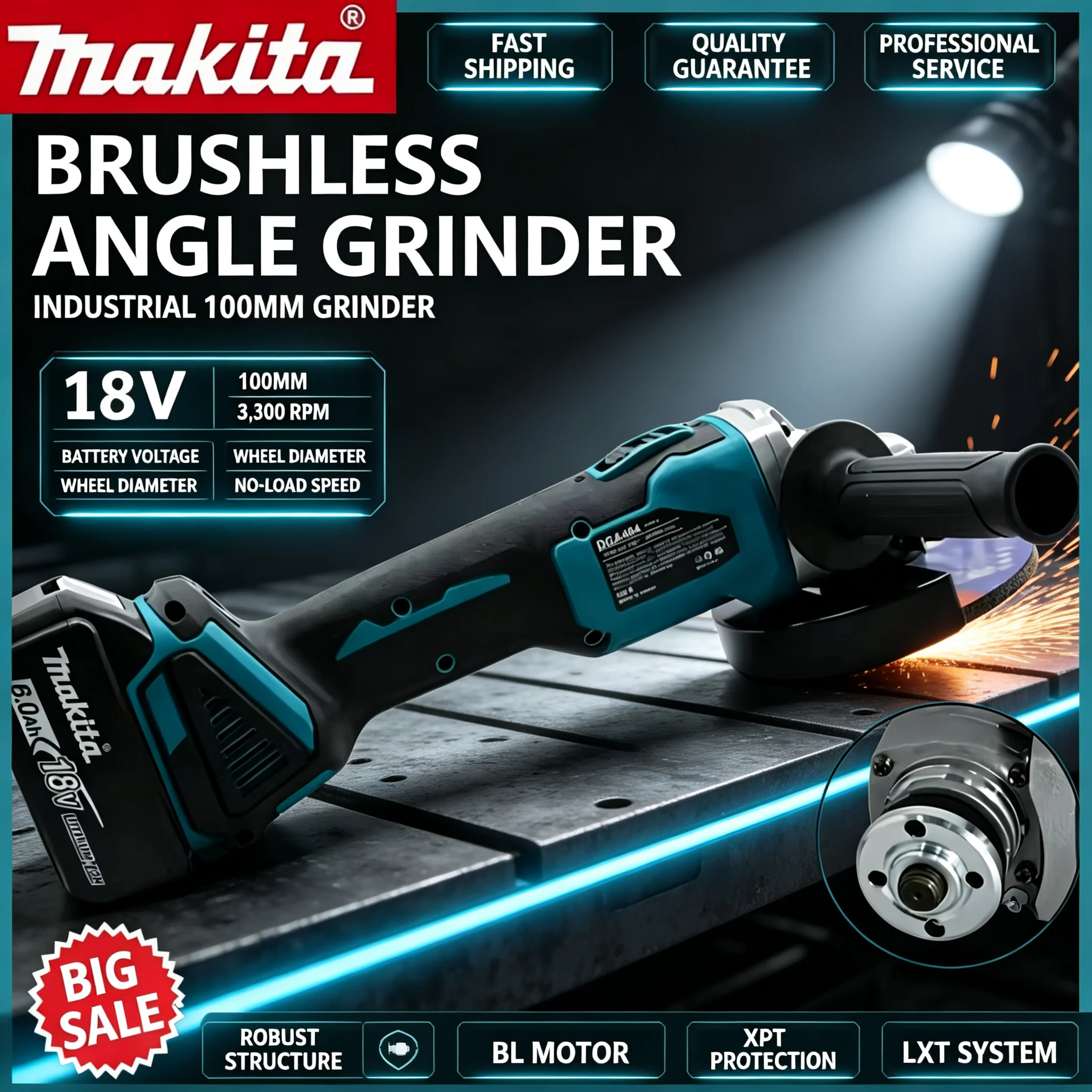 Brushless Angle Grinder Battery Powered - Meuleuse d'angle sans balais Makita DGA404